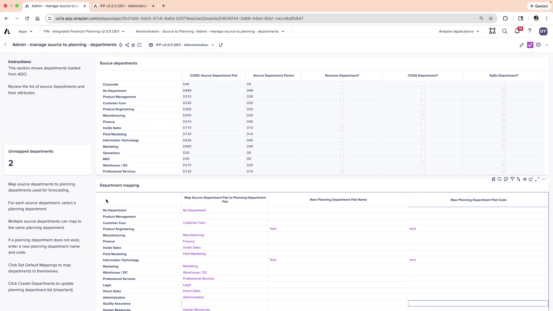 Admin — manage source to planning departments page — source department list at top, department mapping grid below with unmapped KPI and Create Departments button