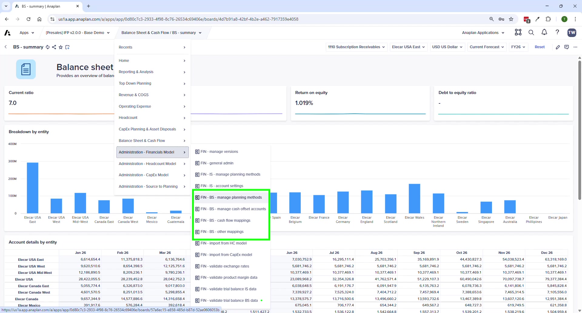 Balance Sheet — FIN BS Manage Cash Offset Accounts mapping screen