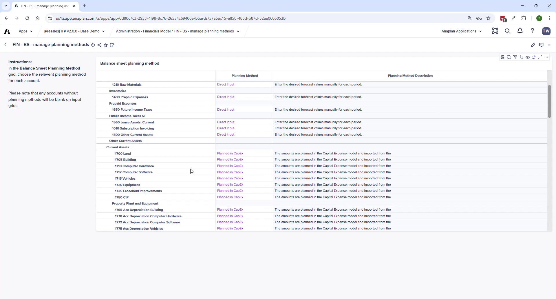 BS Account Planning page — showing DSO input for Accounts Receivable