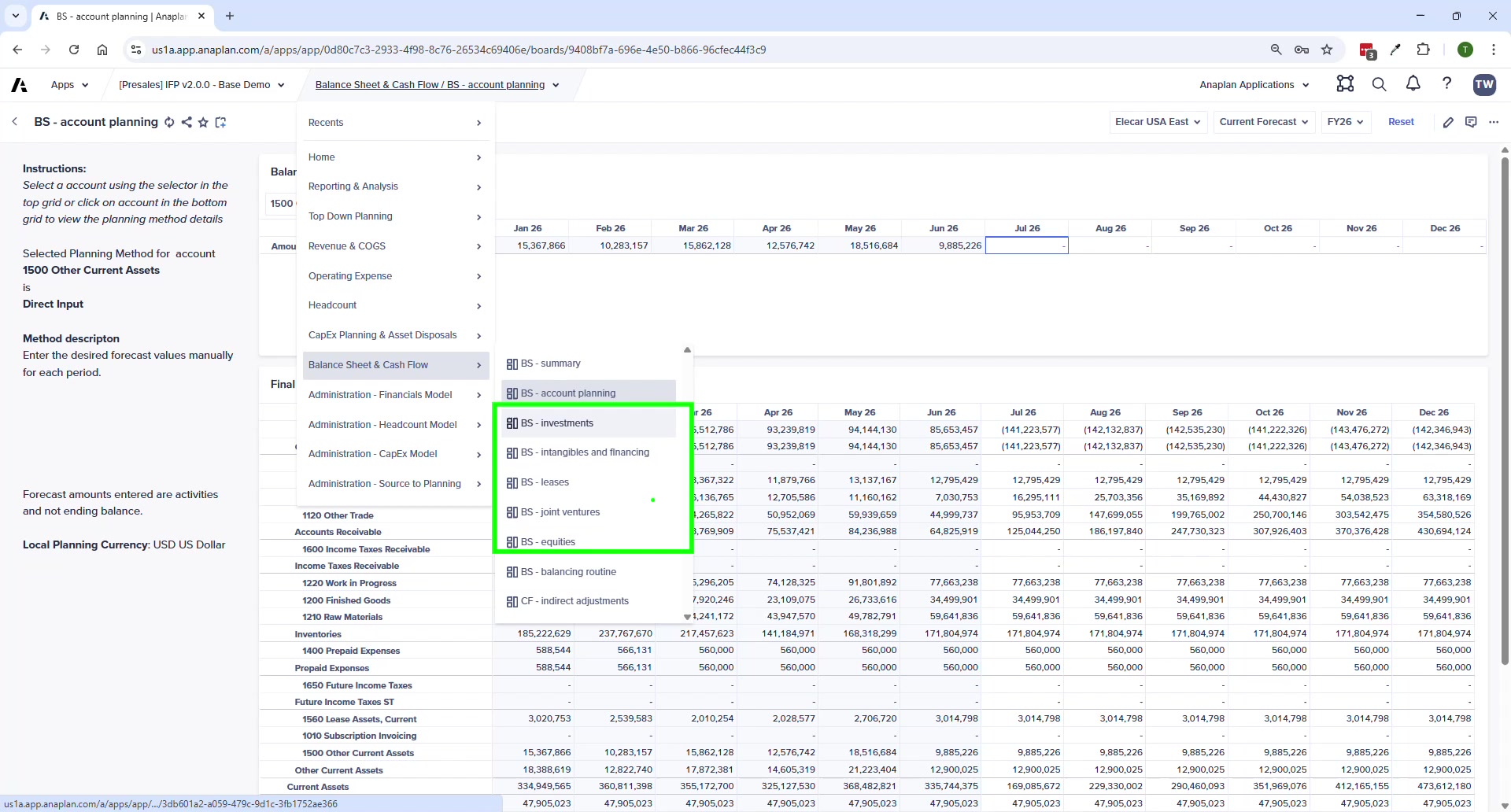 BS Leases sub-schedule — capital and operating lease detail entry