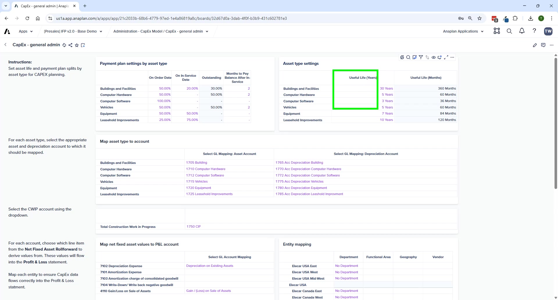 CapEx module — CE Asset Setup page showing asset categories and configuration