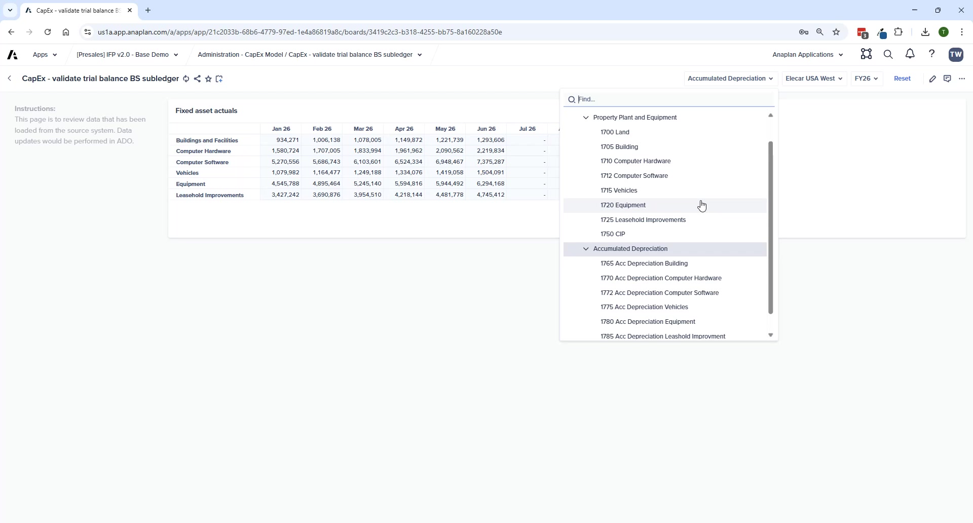 CapEx Disposals page — asset retirement entries with gain/loss calculation