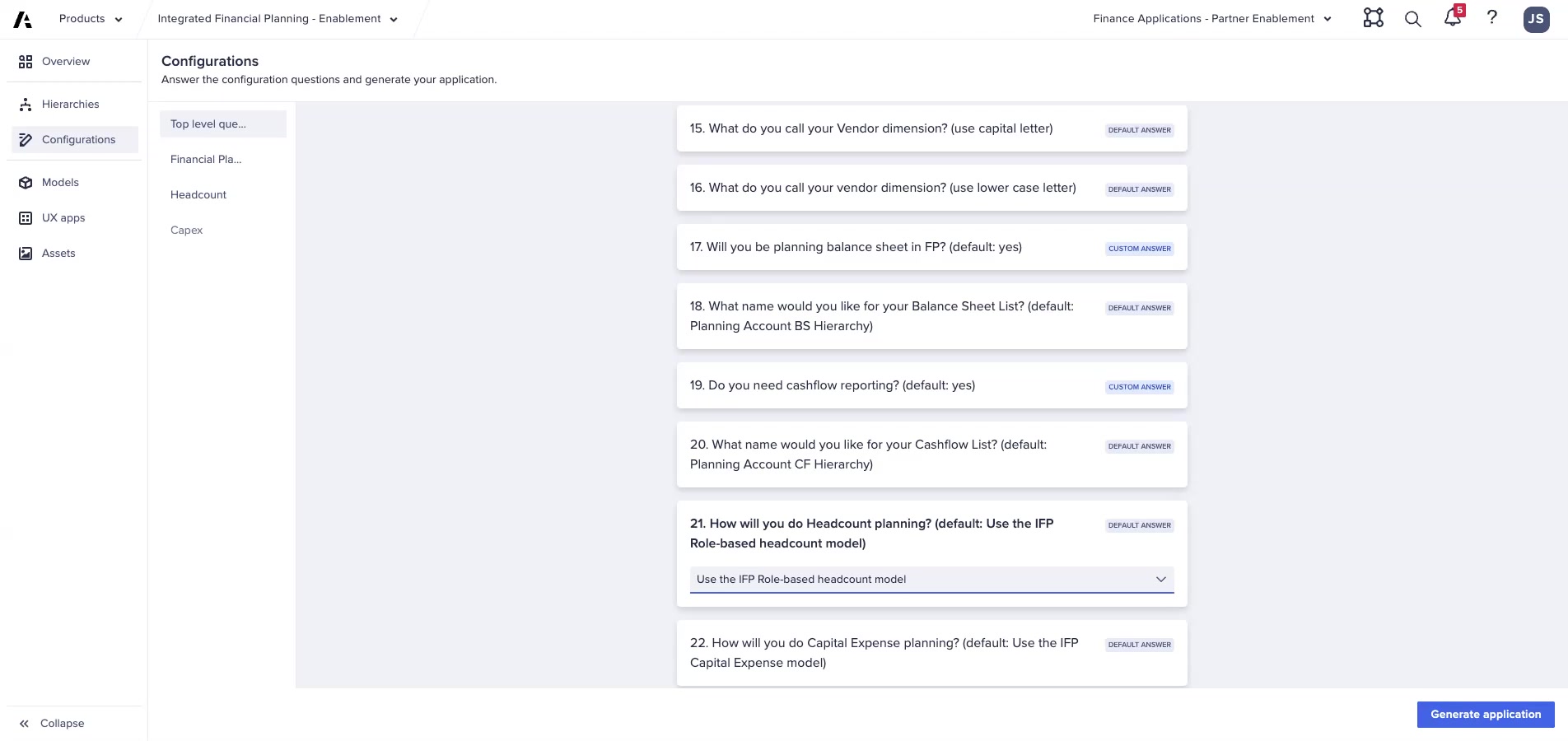 Application Framework — Financial Planning model-specific questions including currency translation and balance sheet options