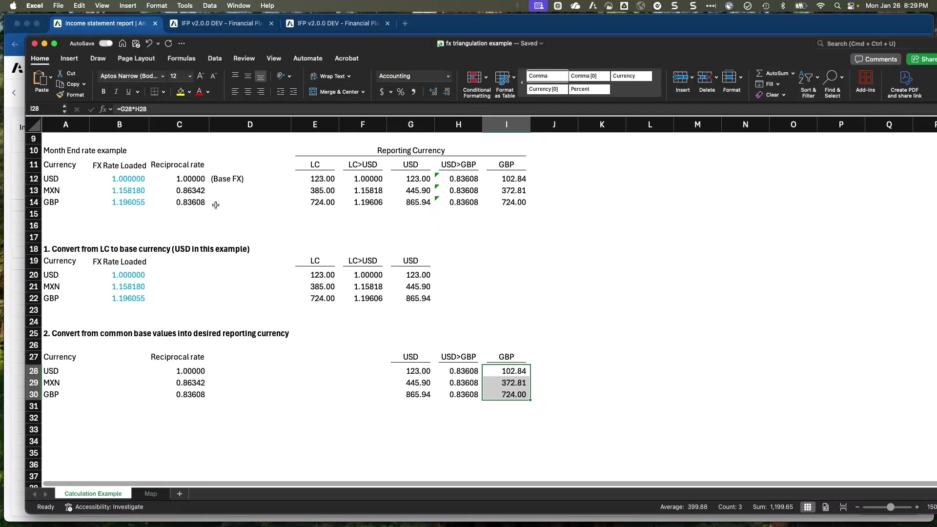 FX triangulation calculation example — Excel showing local currency to base USD conversion, then USD to reporting currency (GBP) using reciprocal rates