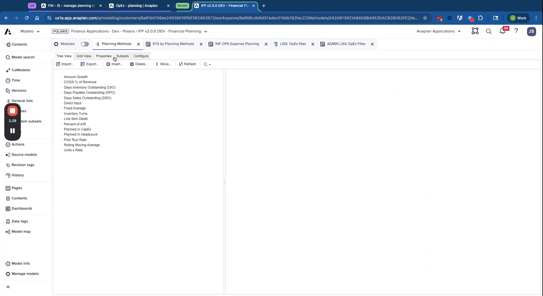 Anaplan model builder — Planning Methods list showing all built-in methods including Amount Growth, Direct Input, Prior Run Rate, Units x Rate, Planned in CapEx, Planned in Headcount and others