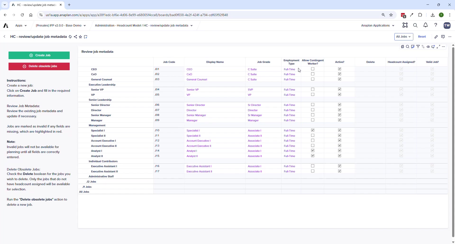 HC – Job Metadata page showing job list with grade, employment type, active status