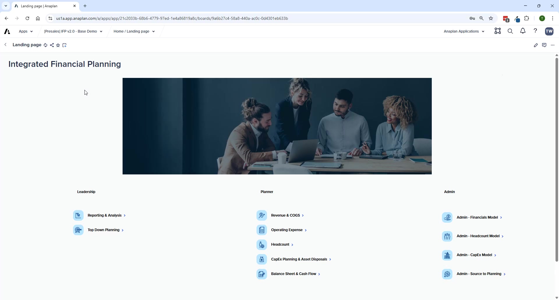 IFP landing page — Leadership, Planner, and Admin navigation sections with all module links