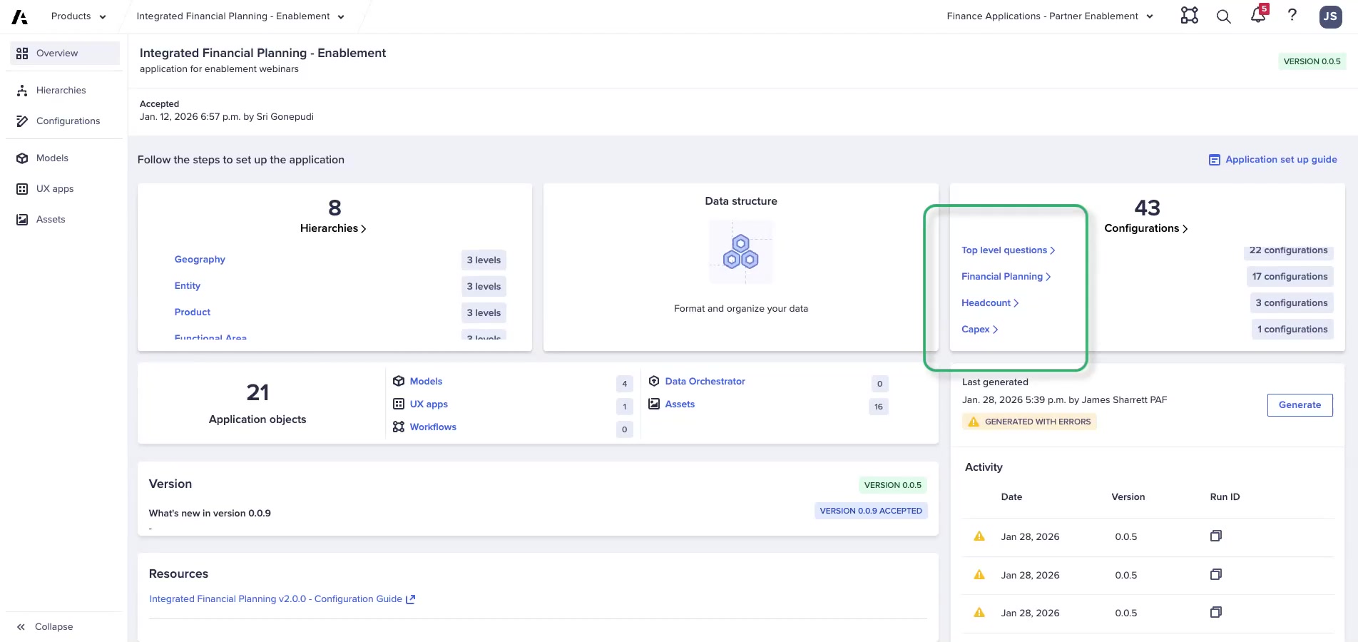 Application Framework overview page — 43 configuration questions, 4 models, 1 UX app, generation status showing last generated Jan 28 2026 with warnings