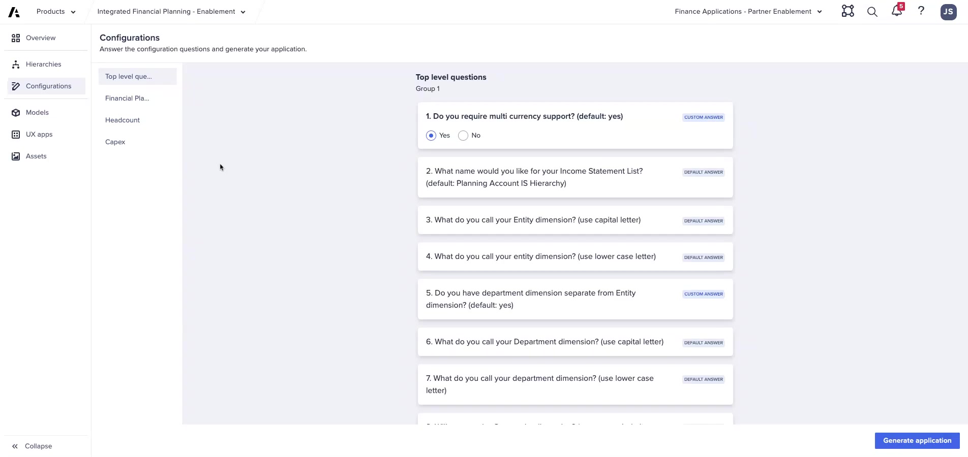 App Framework — Top-Level configuration questions showing Entity, Department, and dimension naming