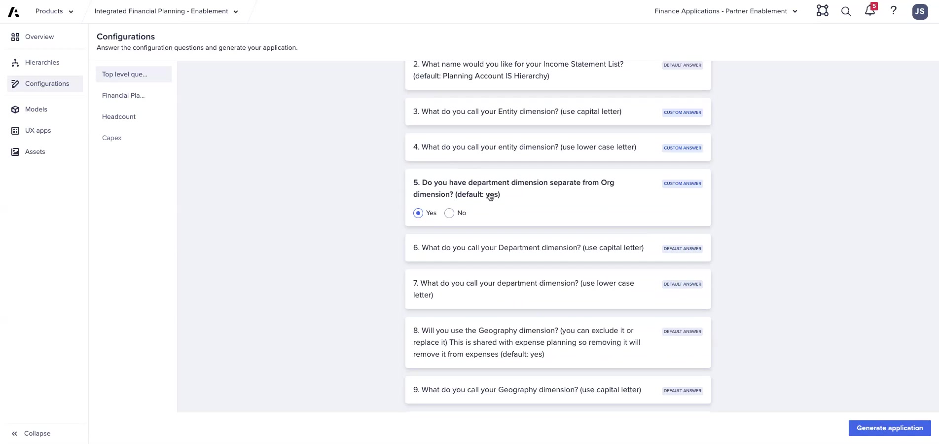 App Framework Configurations page with Generate application button visible in the bottom-right corner