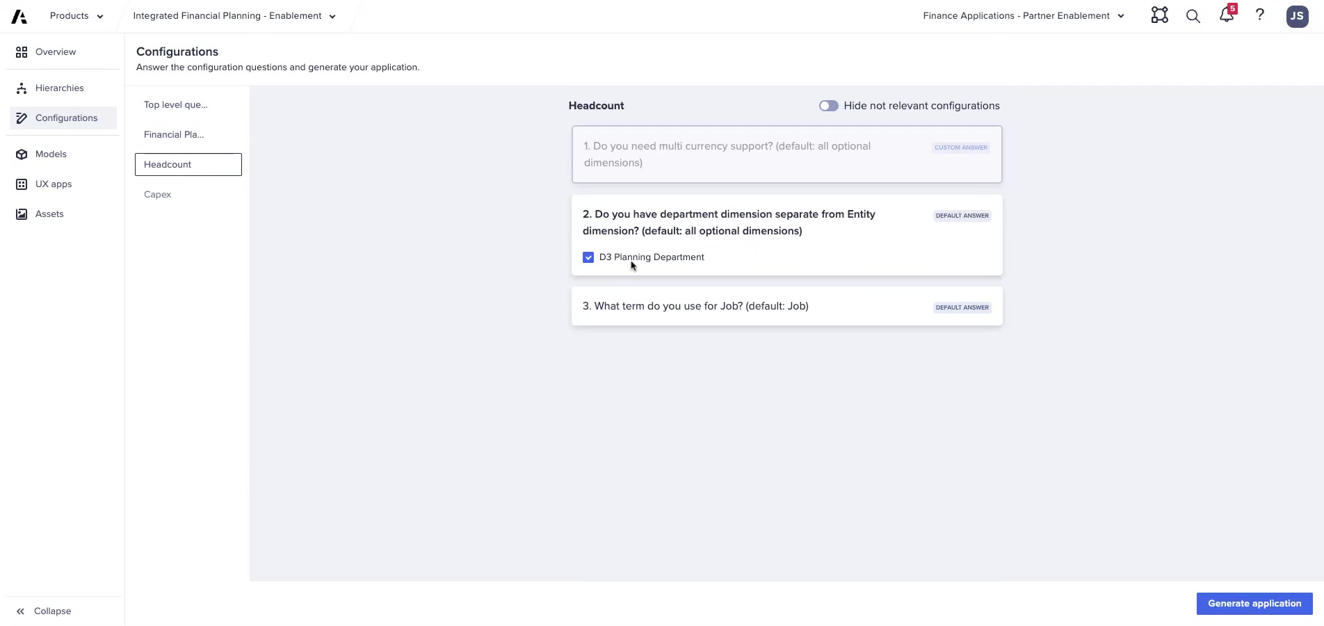 App Framework Headcount section — showing multi-currency support, department dimension, and Job term questions