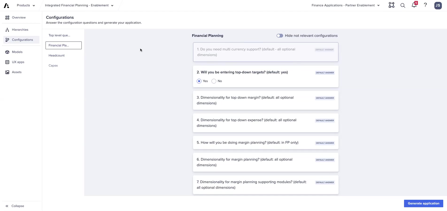 App Framework Financial Planning section — questions for margin planning, expense dimensionality, product and customer dimensions