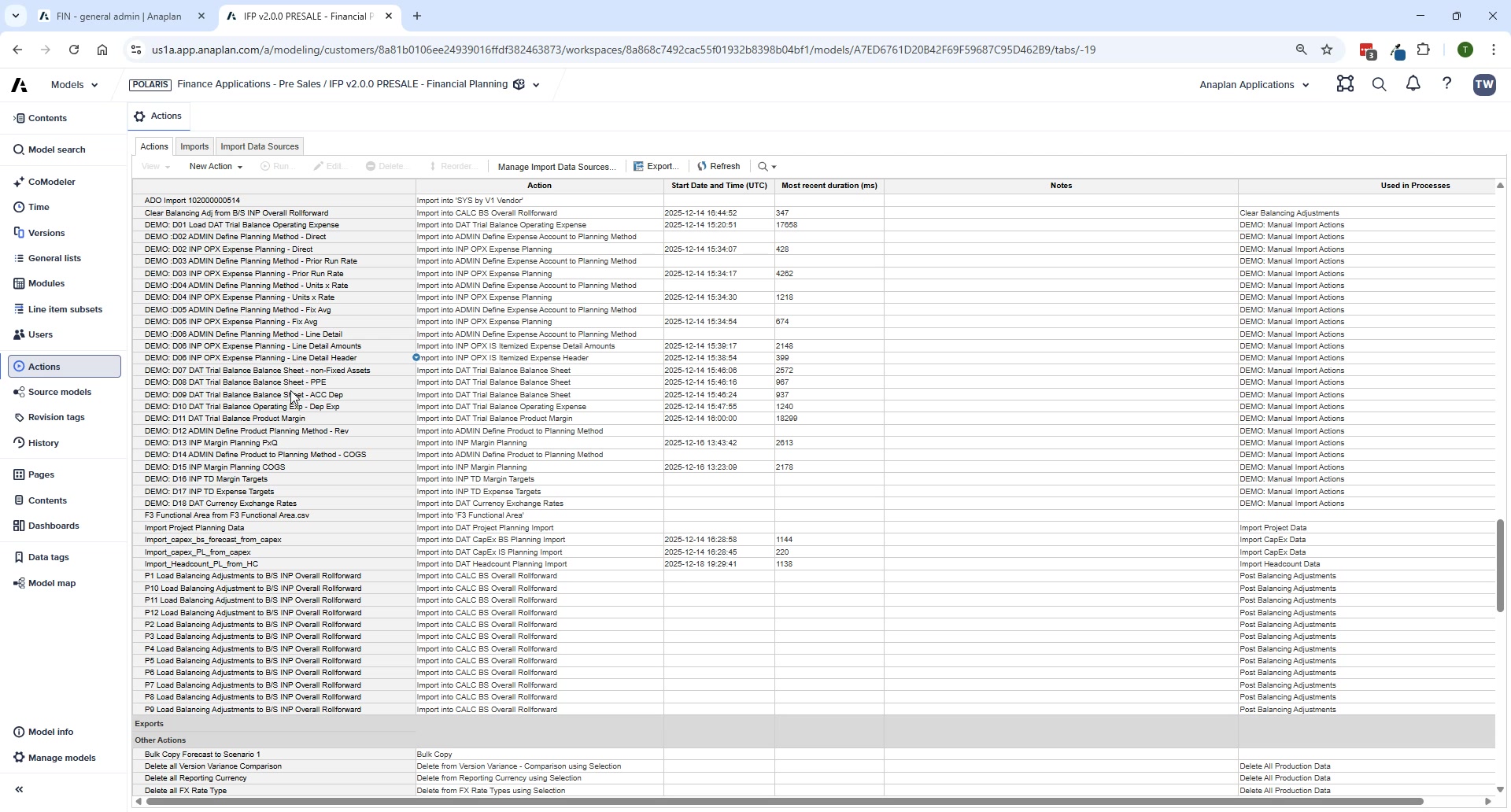 IFP Financial Planning model — Source models tab showing CapEx and Headcount spoke models mapped to the hub