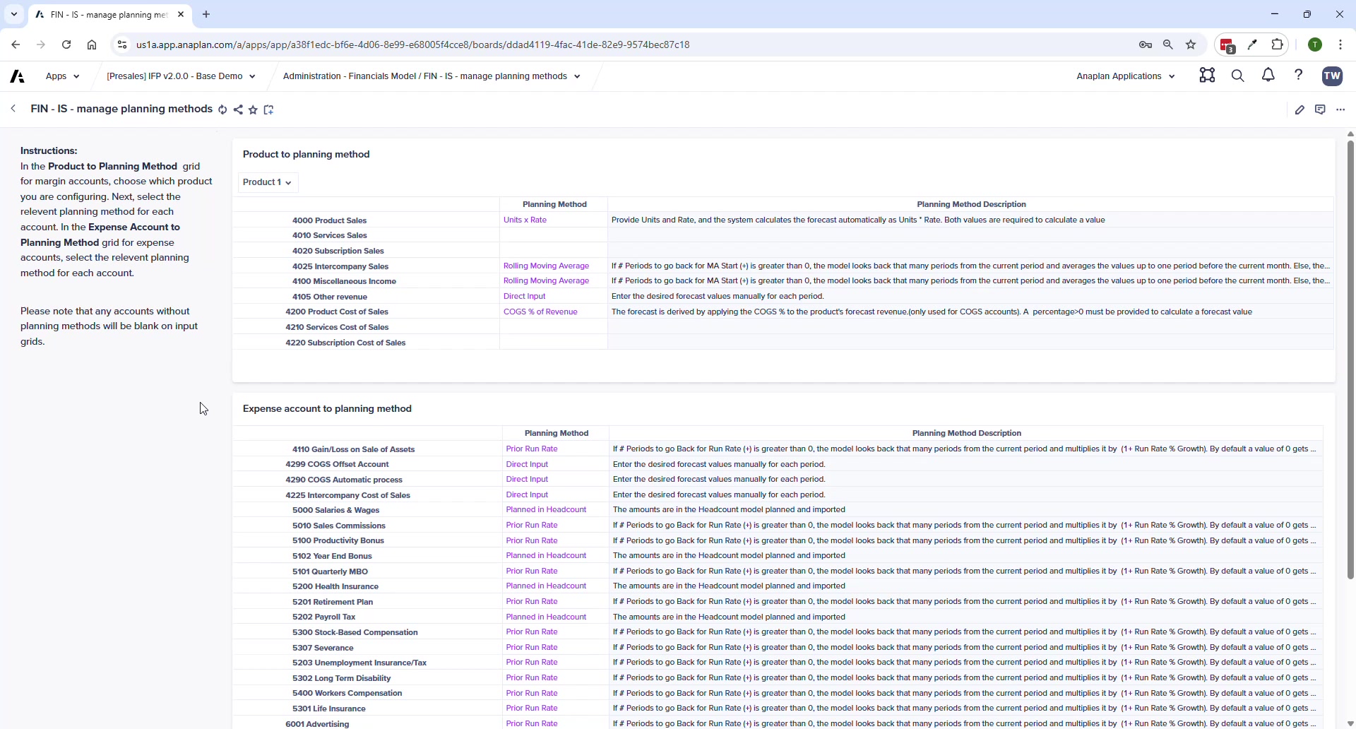 OpEx Planning page — Prior Run Rate method with growth % input