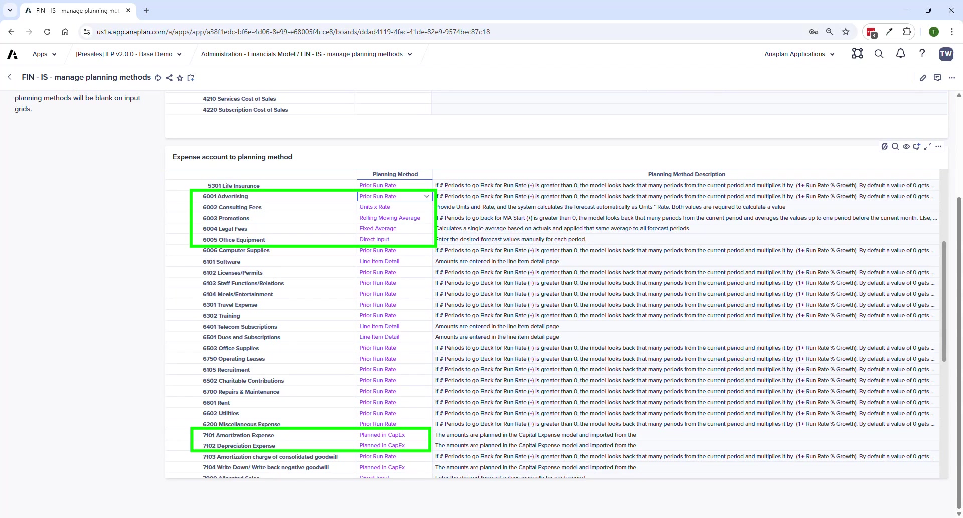 OpEx Planning — Units x Rate method showing rate and volume inputs per account