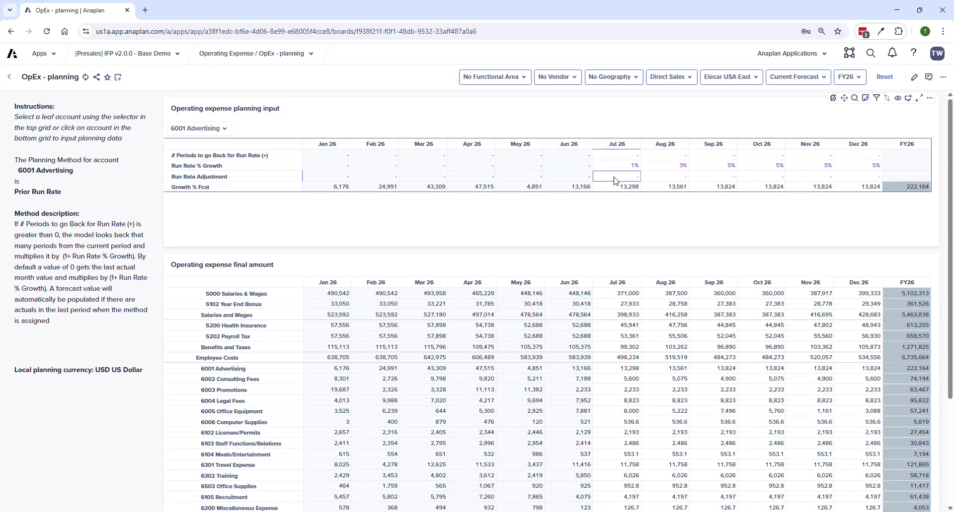 OpEx Line Item Detail page — vendor/functional area breakdown per expense account