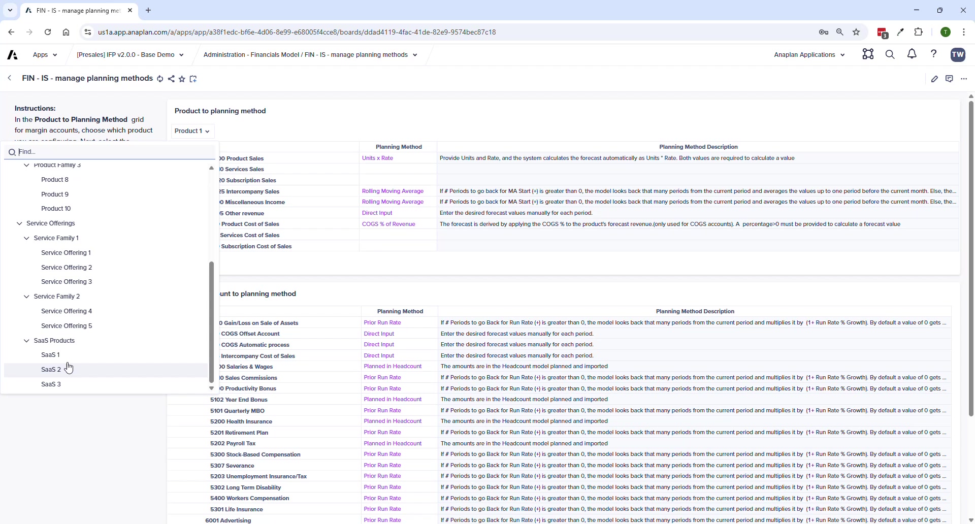Revenue & COGS Planning page — showing Units x Rate method inputs