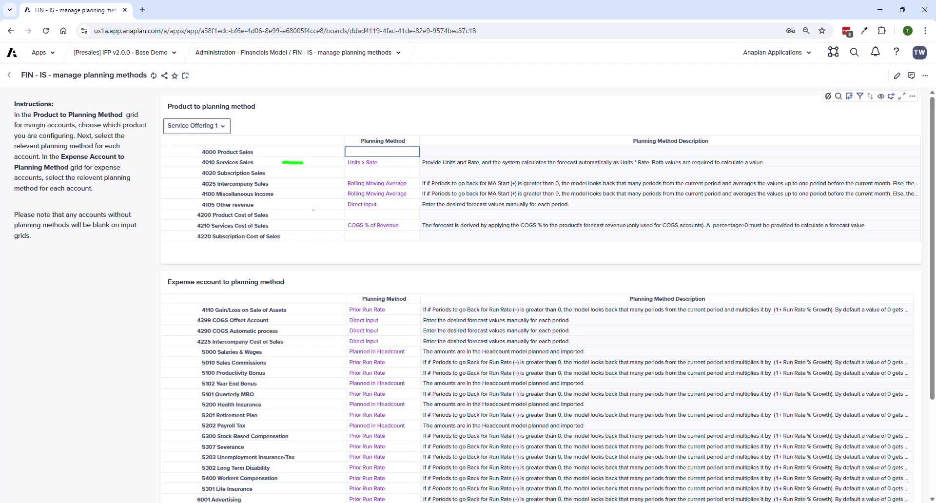 Revenue & COGS — Prior Run Rate method with growth percentage and adjustment inputs